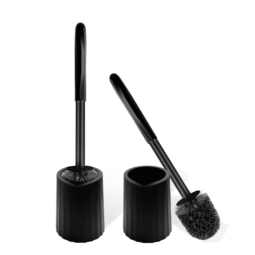 Toilet Brush and Holder Set, 2 Pack Toilet Bowl Brush with Long Non-Slip Handle, Deep Toilet Cleaner Brush, Toilet Scrubber, Black