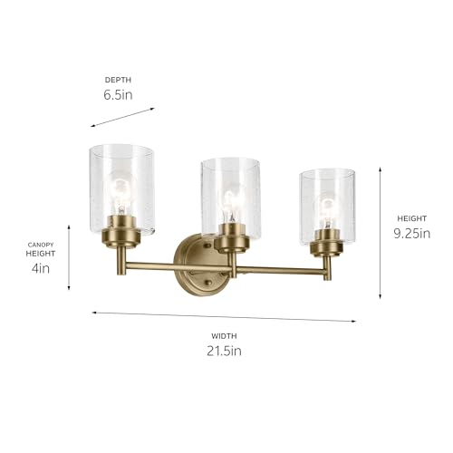 Kichler Winslow 3-Light Farmhouse Vanity Light, Natural Brass | Clear seeded glass vanity light with industrial styling (21.5" x 9.25"), 45886NBR - color: Natural Brass, size: 21.5"
