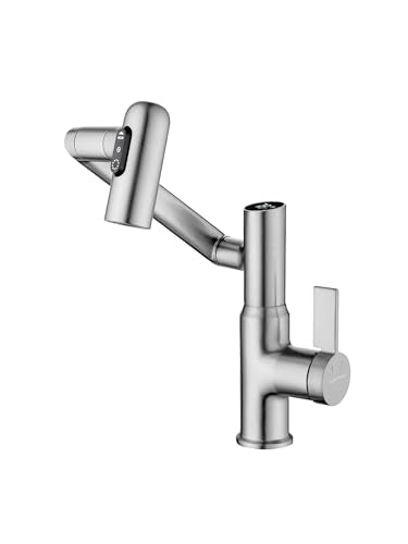 Rotatable Bathroom Faucet with Temperature Display in Fahrenheit (Batteries-Free), 3 Water Outlet Modes, Brushed Nickel - color: Silver
