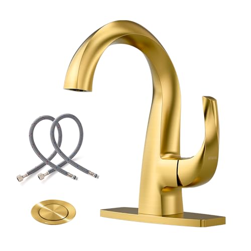WOWOW Single Handle Bathroom Faucet 1 Hole High Arc Bathroom Basin Faucet Gold with Pop Up Drain, Solid Brass Commercial Bathroom Sink Faucet Basin Vanity Bar Faucet (Patented Product) - color: Gold