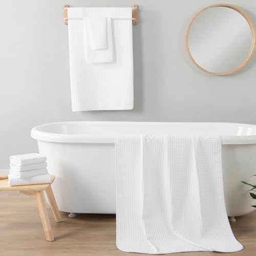 REDKISS Soft 8 Piece Waffle Towel Set, Microfiber, Lighter Weight, Absorbent, Quick Dry, Lint Free Bath Towels for Bathroom, Spa & Hotel – 2 Bath, 2 Hand, 4 Washcloths, White - color: White