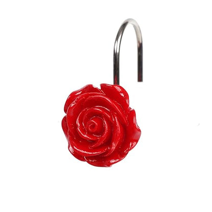 Twofish Home Red Rose Flower Shower Curtain Hooks Anti Rust Shower Curtain Hooks Decorative Resin Red Rose Flower Shower Curtain Rings Set of 12 - color: Red Rose