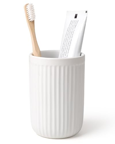BosilunLife Ceramic Toothbrush Holder - 12oz Bathroom Toothbrush Holder Tooth Brush Holders Tumbler Cups Reusable Toothbrush Mouthwash Cup Small Toothbrush and Toothpaste Holder, Striped White - color: White-vsc, size: striped-cylinder