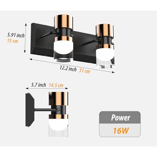 LED Bathroom Vanity Light Fixtures, 2 Light Black and Gold Wall Sconces Lighting, Modern Bathroom Light Fixtures, Led Wall Lamp for Mirror Living Room Bedroom Dressing Table Bar
