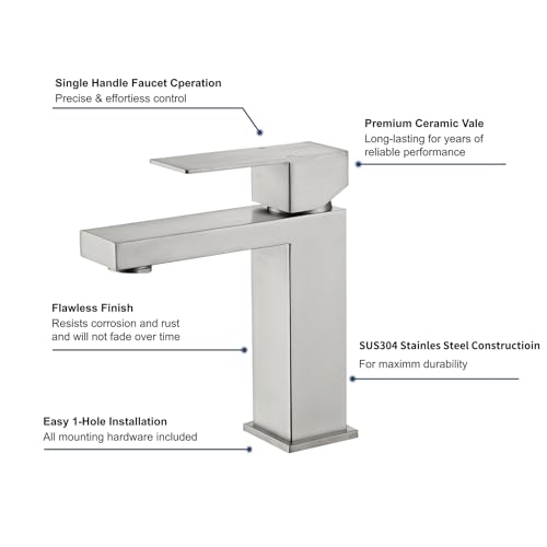 Brushed Nickel Bathroom Sink Faucets One Hole Sink Faucet Single Handle 1 Hole Vanity SUS304 Stainless Steel Faucet for Bathroom Sink Bathroom Faucets, SF3-BN - color: Brushed Nickel, style: For 1 Hole Sink: Only Faucet (NO Drain)