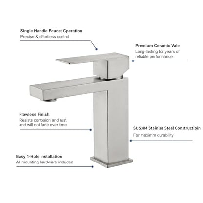 Brushed Nickel Bathroom Sink Faucets One Hole Sink Faucet Single Handle 1 Hole Vanity SUS304 Stainless Steel Faucet for Bathroom Sink Bathroom Faucets, SF3-BN - color: Brushed Nickel, style: For 1 Hole Sink: Only Faucet (NO Drain)