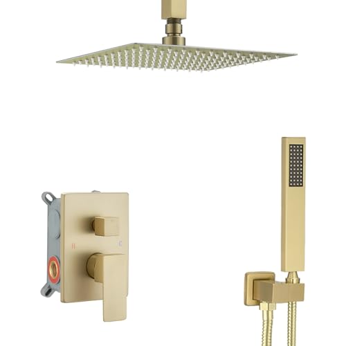 Shower System ‎Brushed Gold Bathroom 10 Inch Rain Shower Head Ceiling Mount with Handheld Luxury High Pressure Shower Combo Set Shower Faucet Rough-in Valve Body and Trim Kit - color: Brushed Gold, size: 10 Inch