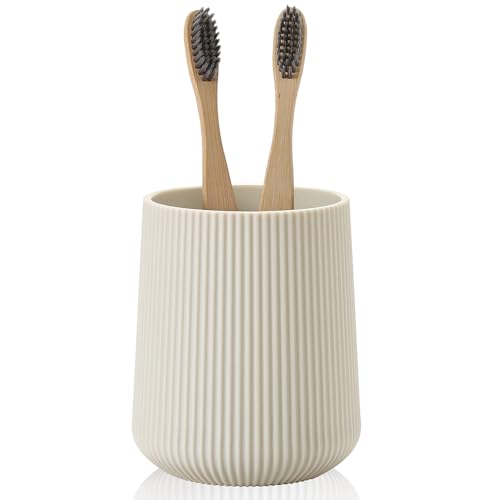 YAUKPH Beige Striped Toothbrush Holder | for Electric Toothbrushes Bathroom Organizer Cup for Toothpaste Kids & Adults - color: Beige Ribbed