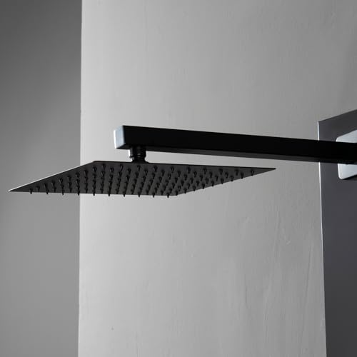 Rainfall Shower Tower Shower Wall Panels, Stainless Steel Shower Panel with 4 Body Jets Massage and Adjustable Head, Tub Spout Column Wall Mount, Black