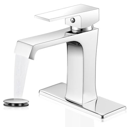 Waterfall Bathroom Faucet Chrome Bathroom Sink Faucet, Modern Single Hole Bathroom Faucet, Single Handle RV Sink Vanity Faucet—Includes Pop-Up Drain, Suitable for 1-Hole or 3-Hole - color: Chrome