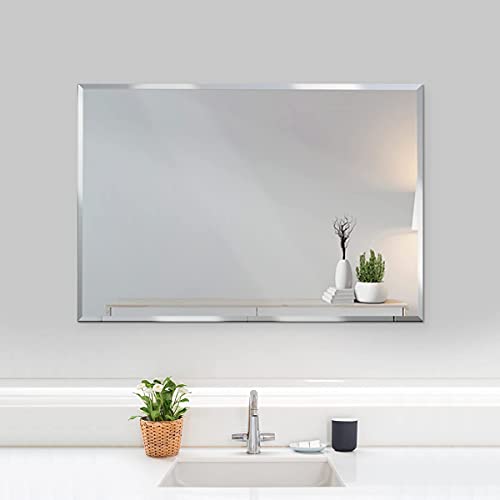 Fab Glass and Mirror 30x40 Inch Rectangle Frameless Bathroom Vanity Mirror with Beveled Edge - Shatterproof Wall Mounted Decorative Glass with Safety Backing for Living Room Bedroom Hallway Entryway - size: 40"L x 30"W, style: Rectangle