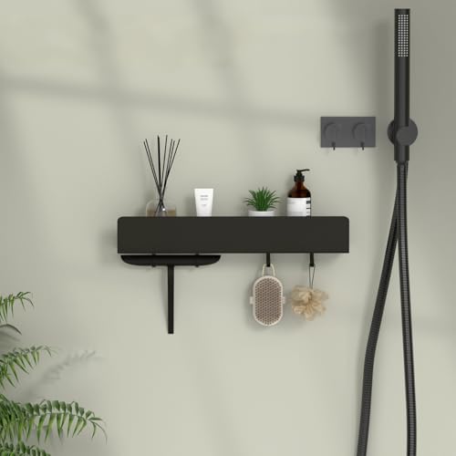 REKITA No Drill Shower Shelf Organizer, 40cm Stainless Steel Bathroom Storage with 4 Removable Hooks, Adhesive Wall Mounted Shower Caddy, Rustproof Bath Shelf for Bathroom Kitchen Living Room - color: Black