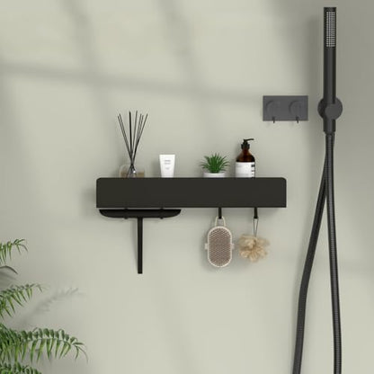 REKITA No Drill Shower Shelf Organizer, 40cm Stainless Steel Bathroom Storage with 4 Removable Hooks, Adhesive Wall Mounted Shower Caddy, Rustproof Bath Shelf for Bathroom Kitchen Living Room - color: Black