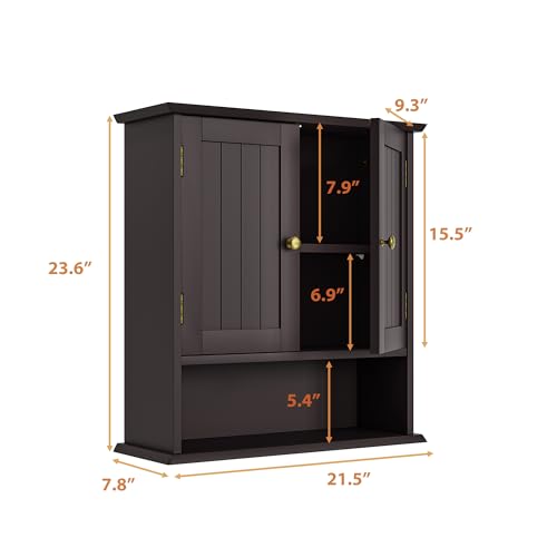 Bathroom Wall Cabinet, Over the Toilet Storage Cabinet with 2 Doors and Adjustable Shelf, Wooden Medicine Cabinet Wall Mounted, Room Space Saver for Bathroom Kitchen - color: Bathroom Cabinet-brown