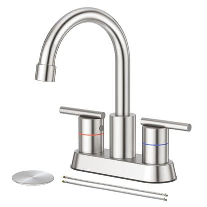 Faustina Brushed Bathroom Faucet, 4 Inch Centerset Faucets for Sink 2 Holes 3 Holes，Two Handles 304 Stainless Steel Bathroom Sink Faucet with Pup up Drain and 2 cUPC Water Supply Lines for RV Vanity - color: Brushed, style: Modern Centerset