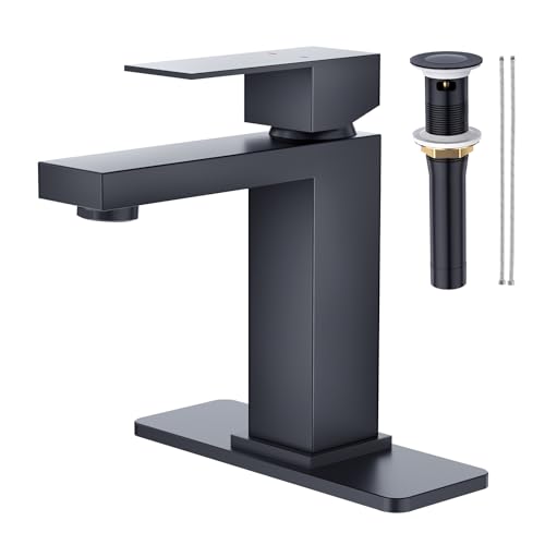 Faustina Matte Black Bathroom Faucet, Single Handle Stainless Steel Bathroom Vanity Faucet with Metal Pop-Up Drain and Deck Plate for 1 or 3 Hole - color: Black, style: Classic