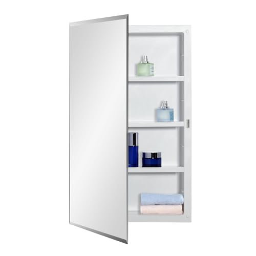 IDYLLOR Plastic Medicine Mirror Cabinet for Bathroom 16 x 26 inch, Surface and Recessed Mount - color: White, size: 16x26 inch Beveled Edge Mirror