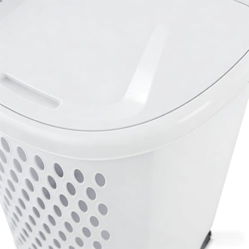 Plastic Laundry Basket, Clothes Hamper with Lid & Wheels, Dirty Clothes Hamper with Handle for Laundry room, Bathroom, Dormitory, White