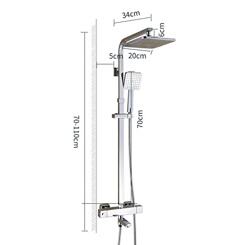 Thermostatic Rainfall Shower System, Brass Wall Mounted Shower Set with Shower Head Square Overhead Mixer Tap, Modern Shower Mixer Set for Bathroom