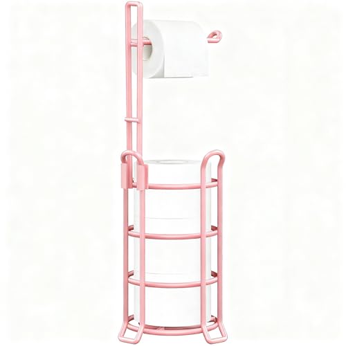 TomCare Toilet Paper Holder Stand Free Standing, Holds 4 Mega Rolls, Pink | Tool-Free Assembly, Detachable Metal Wire Frame, Powder-Coated Finish, Easy Storage and Flexible Bathroom Placement - color: Pink, size: Standard