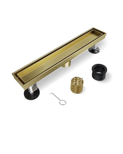 2-in-1 Titanium Gold Linear Shower Drain 12" with Tile Insert Grate | 304 Stainless Steel, Brushed, with Flat & Tile Insert Cover, Leveling Feet, for Bathroom, Kitchen, Remodel Shower, Tile Floor - color: Brushed Titanium Gold, size: 12IN