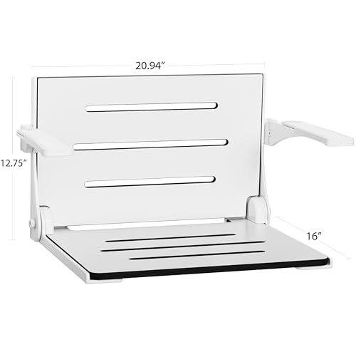 Seachrome Silhouette Comfort Folding Wall Mount Shower Bench Seat with Arms, White Seat with White Frame - color: White Seat With White Frame and White Arm Pads