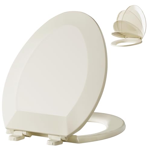 Angol Shiold Elongated Toilet Seat - Slow Close Hinges, Ergonomic Design with Grip-Tight Bumpers, Safe Easy-Clean PP Material (Almond, 18.5" Elongated) - color: Almond, size: Elongated 18.5‘’