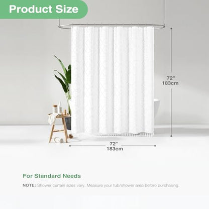 White Boho Shower Curtain and Liner Set, Farmhouse Fabric Shower Curtain and Waterproof Clear Liner, Tufted Geometric Striped Textured Tassel Shower Curtains for Bathroom with 12 Hooks, 72x72 - color: White, size: 72"W x 72"L (Pack of 1)