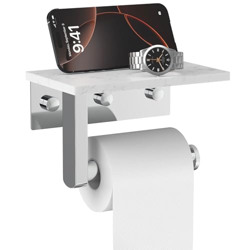Chrome Toilet Paper Holder with Marble Shelf Tissue Roll Holder | 304 Stainless Steel Wall Mounted Toilet Paper Roll Holder Screw-Mounted Tissue Holder for Bathroom Washroom by BATHLAVISH - color: Chrome