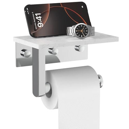 Chrome Toilet Paper Holder with Marble Shelf Tissue Roll Holder | 304 Stainless Steel Wall Mounted Toilet Paper Roll Holder Screw-Mounted Tissue Holder for Bathroom Washroom by BATHLAVISH - color: Chrome