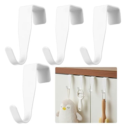 4 Pack Cabinet Hooks for Hanging, J-Shape Small Over The Door Hooks, Carbon Steel Single Cabinet Hanger Hook, No Drill, Easy to Install, Fit for 0.59-0.79 Inch Doors, White