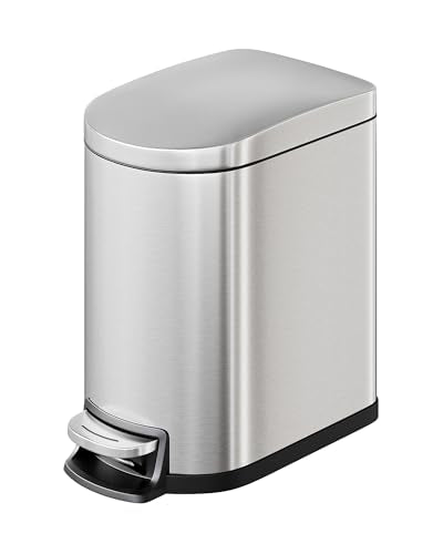 GarveeHome 1.6 Gal Step-On Trash Can, Stainless Steel Small Bathroom Garbage Bin with Soft Close Lid, Slim Space-Saving Design, Removable Inner Bucket for Bathroom, Bedroom, Office, Silver - color: Silver, size: 1.6 Gallon