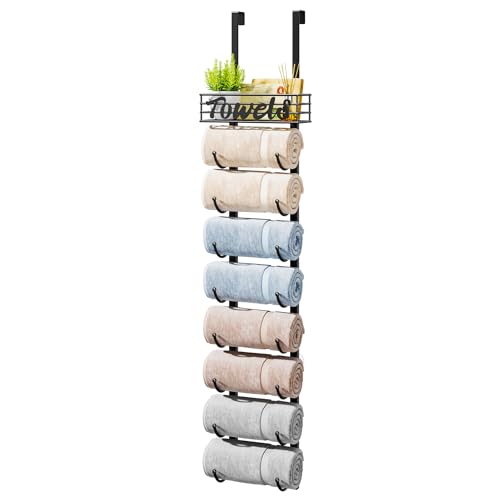 HapiRm Towel Racks for Bathroom Storage - 9 Tier Over The Door & Wall Mount Rolled Towel Storage Organizer Holder with Metal Shelf Basket for Small Bathroom, Camper, Rv - Black, Patented - color: Black, size: 9-Tier