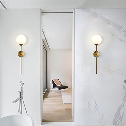 KCO MCM Brushed Gold Frosted White Milk Glass Globe Wall Sconces Set of 2 | Reversible Up/Down Mount, Long Vertical Rod, Brass Hardwired E26 Wall Light Fixture for Bedroom Bathroom Hallway Stairwell - color: White
