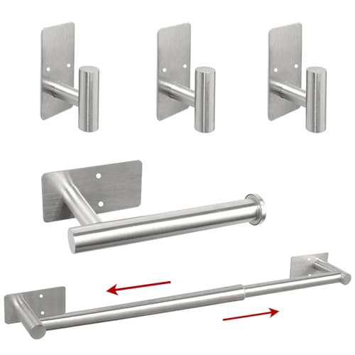5 Pcs Self Adhesive Bathroom Hardware Set, Stainless Steel Towel Rack Set Include Adjustable 24In Bath Towel Bar+Toilet Paper Holder+3 Towel/Robe Hooks Bathroom Accessory Kit(Brushed Nickel) - color: Brushed Nickel, size: 24 In-5 Pcs