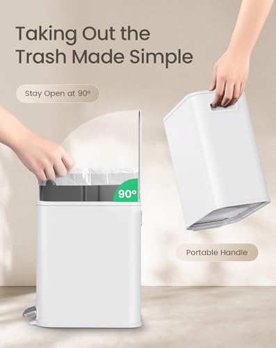 Cesun Small Bathroom Trash Can with Lid Soft Close & Pedal, 1.3 Gal, White | Removable Inner Bucket, Slim Stainless Steel Garbage Can for Bedroom/Office, Included 5 Trash Bags, Hidden Bag, Built to Last - color: White
