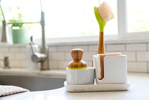 Full Circle Stash, Ceramic Kitchen Sink Caddy, Stylish Modular Sponge Holder & Dish Brush Organizer, Green and White, 11" - color: Green and White