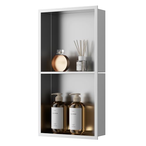 QAOYEDE 12"x24"Stainless Steel Shower Niche No Tile Needed, Bathroom Niche | Brushed Nickel, Recessed Shower Shelf for Bathroom Storage, Suitable for Bedrooms living Rooms Kitchens and Coffee Bars - color: Brushed Nickel, size: 12x24 Inch