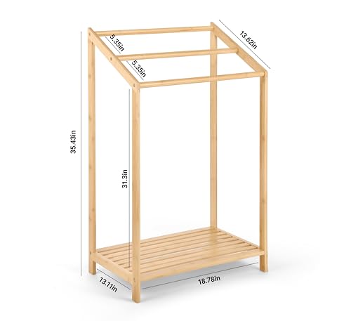 Bamboo Towel Rack Stand, Hand Towels Stand Holder, Freestanding Blanket Rack with Bottom Storage Shelf for Bathroom, Bedroom, Laundry Room