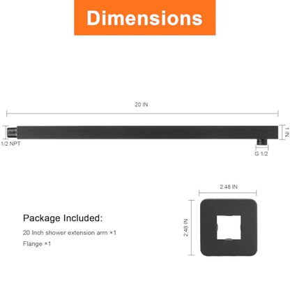 Shower Arm, Rain Shower Head Extension Extender, With Flange and Teflon Tape, Made of Thicken Stainless Steel for Bathroom Rainfall Shower (20 Inch, Matte Black) - color: Matte Black, style: 20 Inch