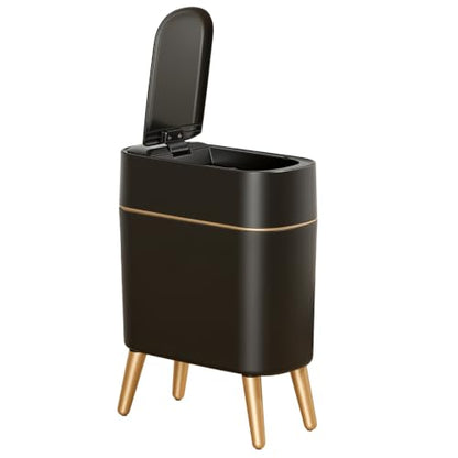 Black and Gold Sensor Trash Can Bathroom,Smart Plastic Wastebasket | Waterproof,Narrow,Motion Sensor, Convenient and Hygienic Easy to Use，2.6 gallon Small Garbage Can for Office,Bedroom,Kitchen - color: Black