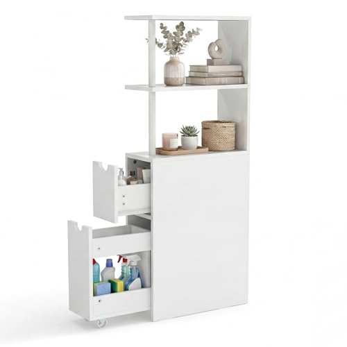 Tangkula Slim Bathroom Storage Cabinet, Small Corner Floor Cabinet with Open Shelves, Slide-Out Drawers, Bathroom Organizer, Narrow Toilet Paper Holder for Restroom, Living Room, Small Spaces, White