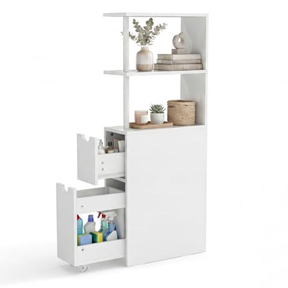 Tangkula Slim Bathroom Storage Cabinet, Small Corner Floor Cabinet with Open Shelves, Slide-Out Drawers, Bathroom Organizer, Narrow Toilet Paper Holder for Restroom, Living Room, Small Spaces, White