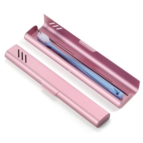 Travel Toothbrush Case, Portable Toothbrush Holder, Durable Aluminum Toothbrush Storage Box, Small Breathable Manual Toothbrush Container for Traveling, School, Camping, Business Trip - Pink - color: Pink