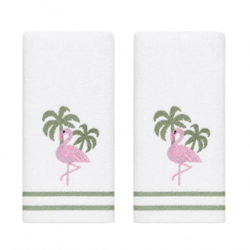 Serafina Home Coastal Tropical Embroidered Bath Hand Fingertip Towels, Pink Flamingo Palm Tree Blue on Ivory, Embellished Trim, 100% Cotton, Set of 2, 12 x 18 inches - color: Pink, Blue, Ivory