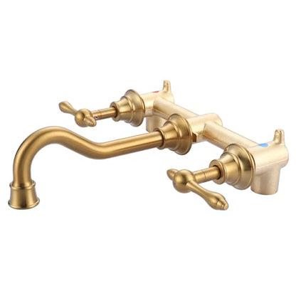Gold Bathroom Faucet Wall Mount: WOWOW Antique Bathroom Sink Faucet 2 Handle Lavatory Faucet 3 Hole Tap and Rough-in Valve Included - color: Brushed Gold
