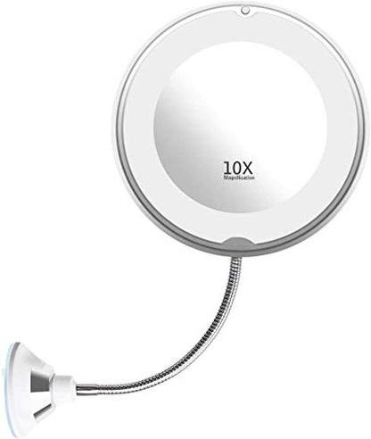 Flexible Gooseneck LED Lighted 10X Magnifying Makeup Mirror with Power Locking Suction Cup, Bright Diffused Light and 360 Degree Swivel, Portable Cordless Travel and Home Bathroom Vanity Mirror