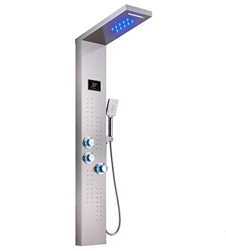 ELLO&ALLO LED Thermostatic Shower Panel Tower System, Rainfall Waterfall Shower Head Rain Massage System with Body Jets - color: Brushed Nickel