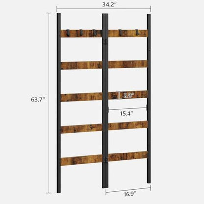 Foldable Blanket Ladder, 5-Tier Ladder Shelf, Decorative Ladder with 5 Removable Hooks, Wall-Leaning Blanket Holder for Towel, Scarves, Quilt Display Rack for Living Room, Rustic Brown