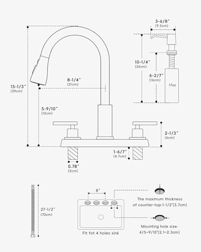 APPASO 4 Hole Kitchen Faucet with Pull Down Sprayer Matte Black 8'' Center | Black Kitchen Faucets with Soap Dispenser, High Arc Modern Sink Faucet for 3-4 Hole Standard Sinks, Lead-Free Certified - color: 1-Black